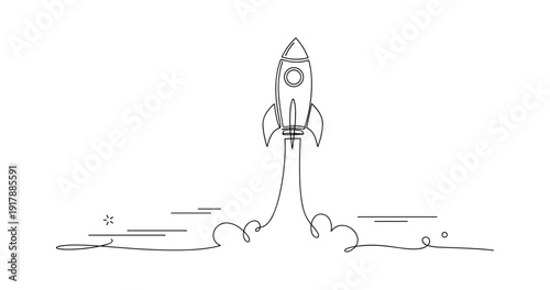 Monochrome line art of a rocket launch with minimalist design elements. None editable stroke