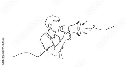 Caucasian young male using megaphone outline - communication, announce, promote concept. None editable stroke