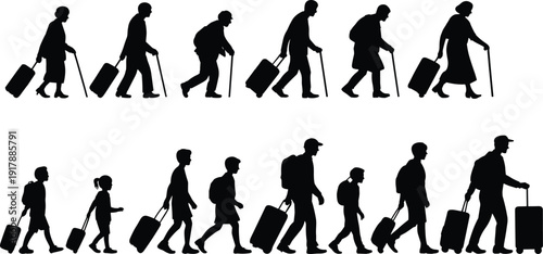 Travelers silhouettes with luggage walking, passengers journey concept, men women children carrying suitcases, travel vector isolated on white