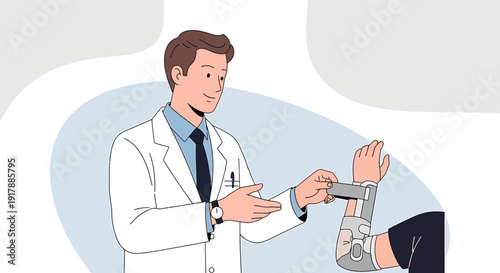 Doctor Adjusting Arm Brace on Patient for Medical Treatment and Healthcare
