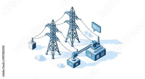 Electricity transmission towers and substation equipment illustration.
