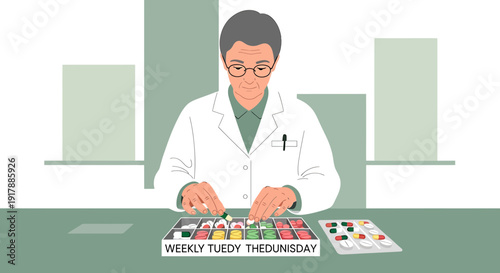 Doctor arranging medication in weekly pill organizer, healthcare concept