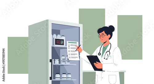 Doctor checking medication in hospital cabinet, healthcare checklist, medical professional at work