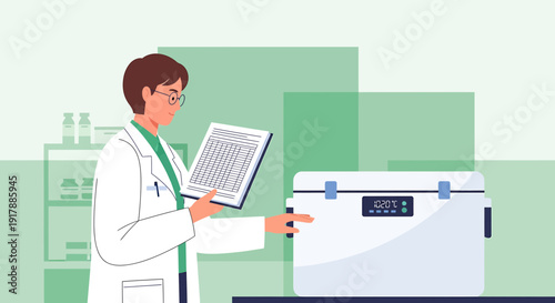 Doctor Checking Cooler Box with Digital Display, Medical Equipment