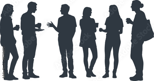 People silhouettes talking casually, social interaction with coffee cups, men women conversation group, communication lifestyle vector isolated on white