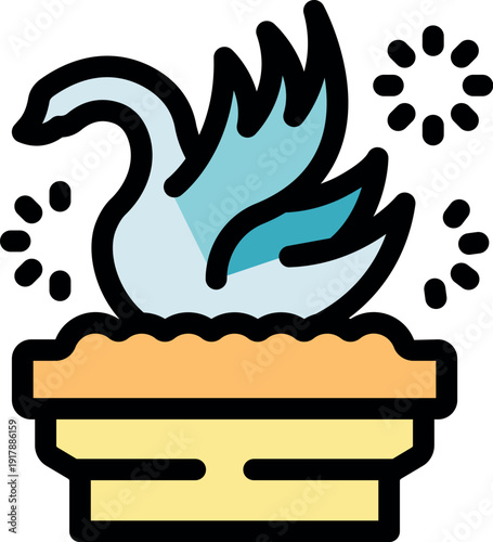 Swan protecting eggs in nest with sparkling stars, simple icon representing motherhood, nature, and wildlife