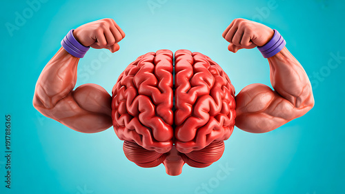 Human brain with muscular arms representing mental strength and intelligence concept
