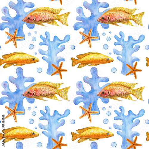 Yellow fish, corals, starfish, watercolor seamless pattern on a white background. Underwater world, marine style.