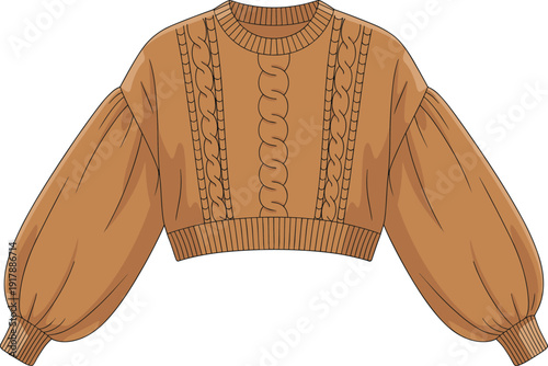 Brown cable knit sweater with puffy sleeves brown sweater long sleeves ribbed cuffs