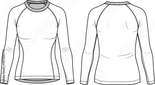 Technical, flat, sketch, of, women, long, sleeve, raglan, shirt, vector, illustration, front, and, back, view, fashion, template, for, apparel, flavector.