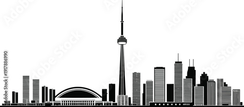 Toronto skyline silhouette vector illustration featuring CN Tower and modern cityscape buildings in minimalist blue and black design isolated on white background