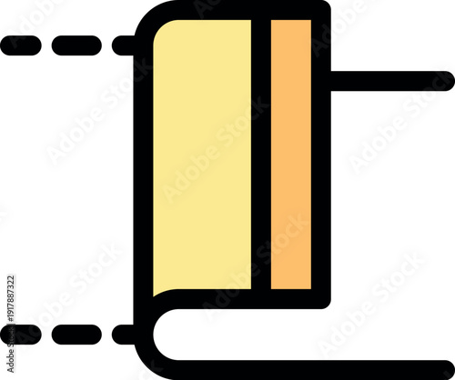 Simple colorful icon of a book flying horizontally, leaving a dotted trail, symbolizing fast delivery or online reading