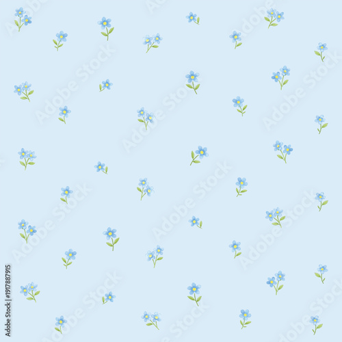 Seamless floral pattern with small blue forget-me-not flowers scattered on transparent background. Delicate botanical repeat design suitable for fabric, wrapping paper, packaging, wallpaper