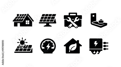 Residential solar installation. Filled icon set of Residential solar installation: house with panels, rooftop