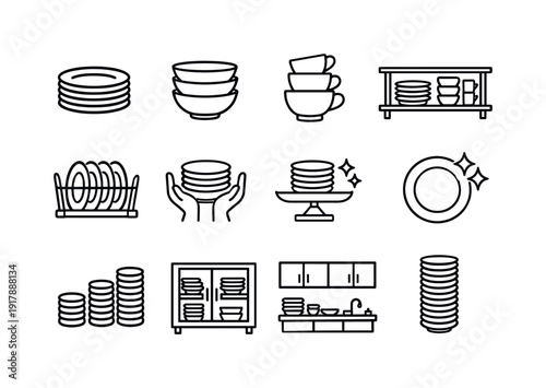 Stacking dishes. Line outline icon set of Stacking dishes: stacked plates, bowl stack, cup pile, kitchen shelf