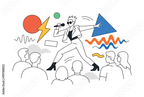 Avant-garde live performance. Performer moving freely among audience silhouettes, bold