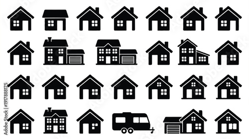 black and white house and trailer icons on white background
