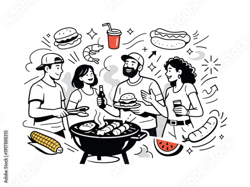 Barbecuing. Friends gathered around a grill, smoke gently rising, relaxed smiles and shared anticipation.