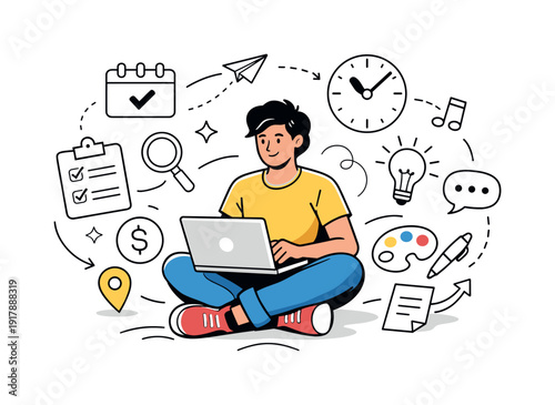 Freelancing & gig economy. Independent professional working on a laptop with multiple task icons floating