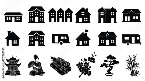 black and white icons of houses vehicles and plants