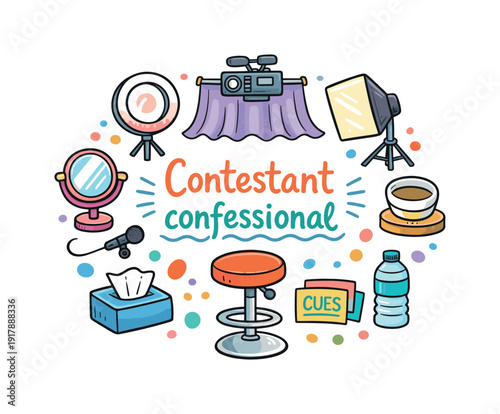 Contestant confessional. Hand drawn illustration of Contestant confessional. close-up camera, ring light,