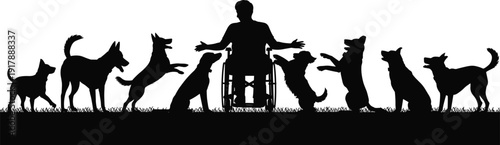 Silhouette of a person in wheelchair surrounded by dogs and a cat