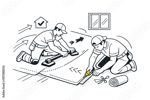 Home renovation flooring work. One person stretching carpet while another trims edges with