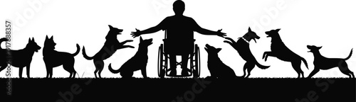 Silhouette of a person in a wheelchair surrounded by dogs black