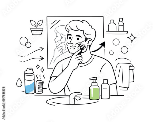 Shaving routine. Person gently shaving with a razor in front of a mirror, smooth strokes and