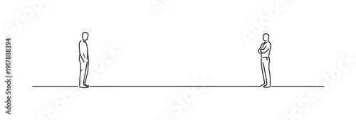 "Measured Separation". Minimalistic one-line drawing two minimal human figures divided by a wide empty gap