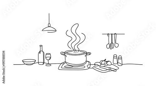 Warm Gathering Mood. Minimalistic one-line drawing kitchen scene with steaming pot as