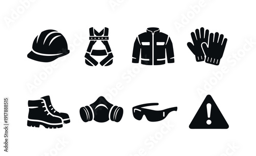 Workplace safety gear. Filled icon set of Workplace safety gear: construction helmet, safety harness,