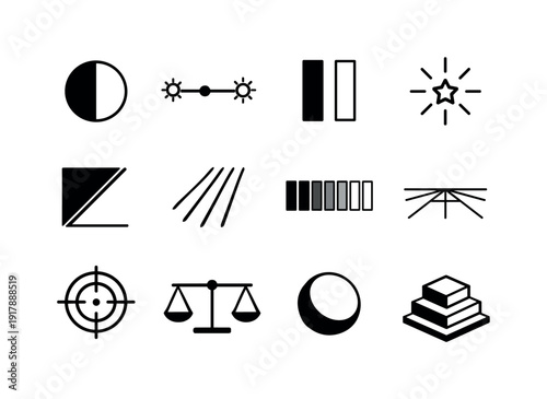 Light and contrast in art. Line outline icon set of Light and contrast in art: black white circle, brightness