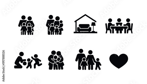 Family time. Filled icon set of Family time: family group, parents with children, home living room, shared