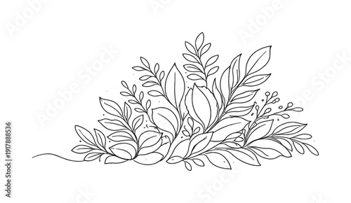 Lush greenery. Minimalistic one-line drawing dense cluster of leaves and plants flowing