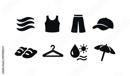 Hot Weather Fashion Icons. Hot weather fashion. Filled icon set of Hot weather fashion: airy fabric waves,