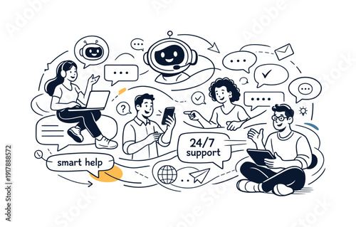 AI-powered conversations of tomorrow. Multiple chat bubbles connecting people and virtual assistants across