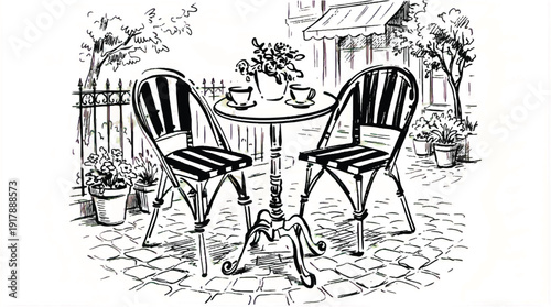 Black and white illustration of outdoor cafe seating with table and chairs on cobblestone patio