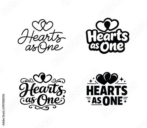 Hearts as one. Set lettering. 4 harmonious lettering variations of the same emblematic concept, each with