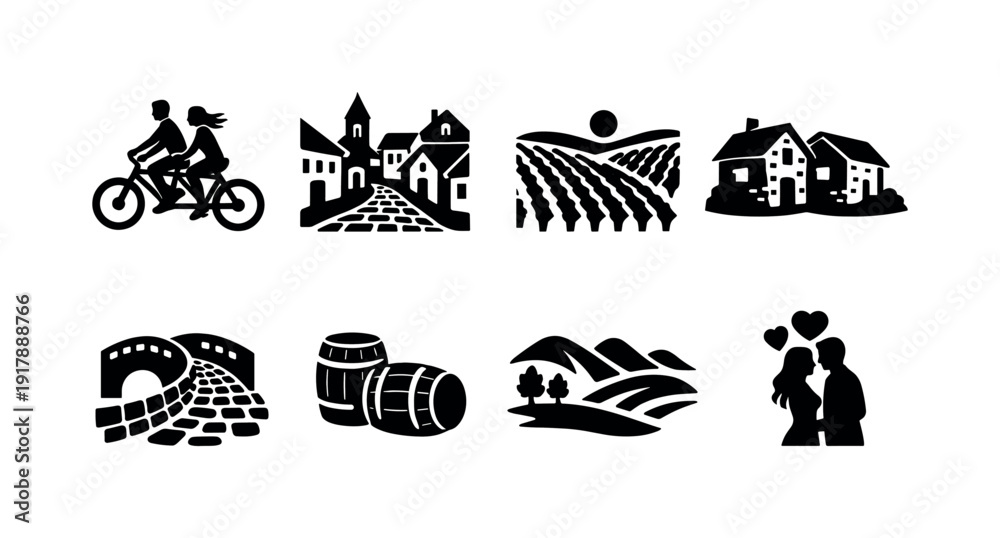 Obraz premium A couple riding bicycles through a scenic European village, surrounded by vineyards. Filled icon set of A