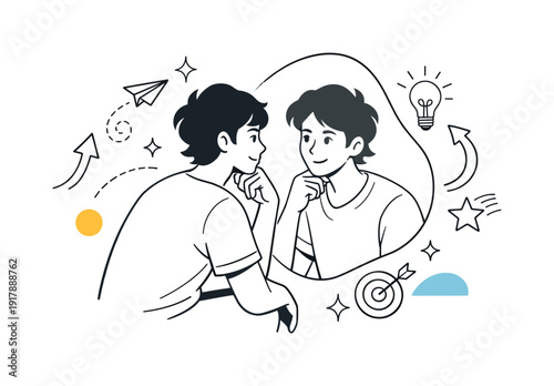 Personal introspection and growth. Person looking at their reflection in an abstract mirror