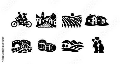 A couple riding bicycles through a scenic European village, surrounded by vineyards. Filled icon set of A
