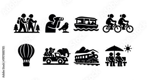 Senior friendly adventure activities. Filled icon set of Senior friendly adventure