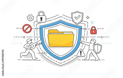 Secure Storage. Folder surrounded by abstract security layers, access lines stopping at the boundary. Mood of