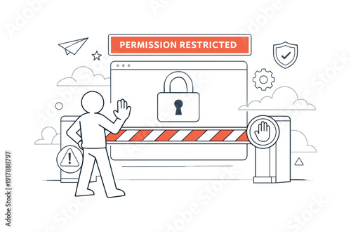 Restricted Access Zone. Permission Restricted. Digital gate closed with barrier lines, user silhouette