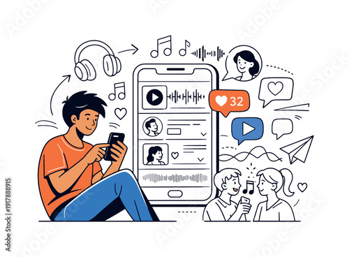 ze across the set.Music and social media. Person scrolling a feed where headphones, notes, and waveforms come