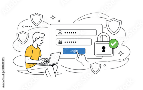 Secure Login. User entering credentials with a lock symbol active, smooth and reassuring