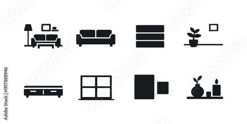 Minimalist home interiors. Filled icon set of Minimalist home interiors: clean living room, simple sofa,