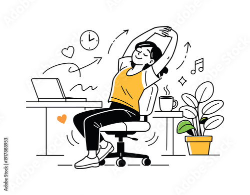 Employee well-being. Employee stretching lightly at a desk, plant and coffee nearby, relaxed