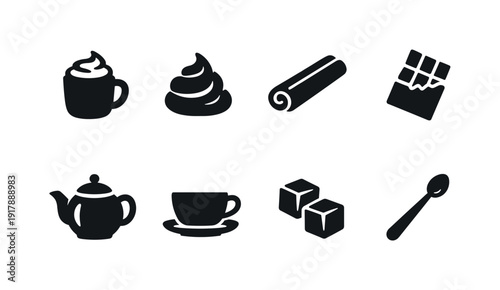 Winter cozy drinks. Filled icon set of Winter cozy drinks: cocoa mug, whipped cream topping,
